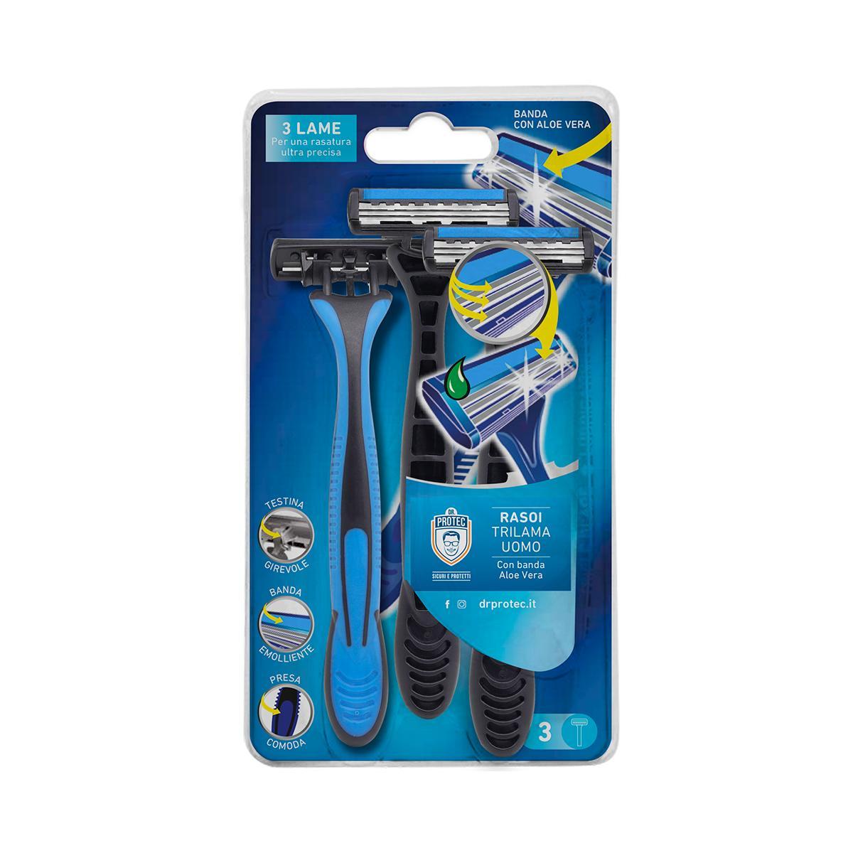 Dr.protec rasoio trilama uomo 3pz con striscia aloe vera